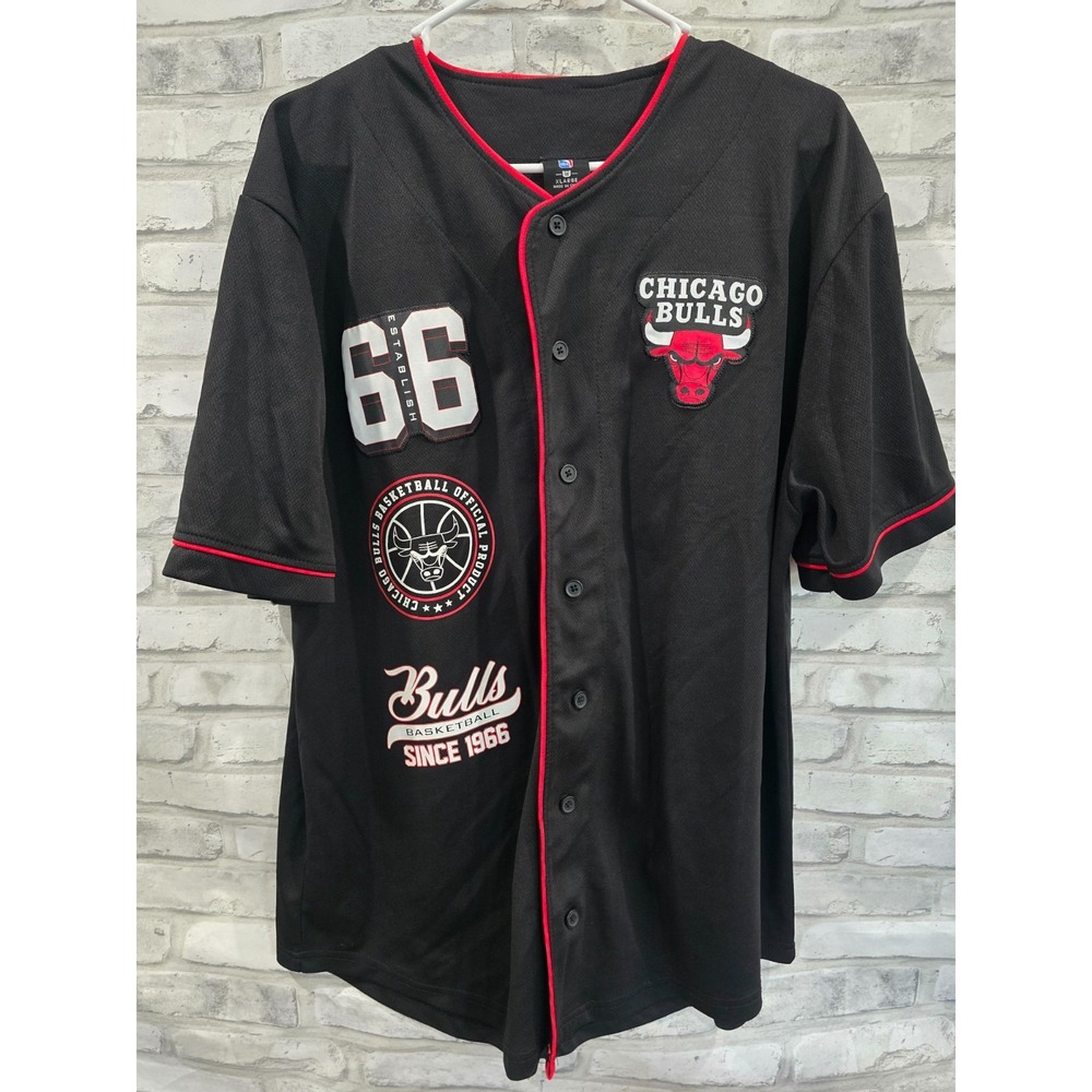 NBA Chicago Bulls Baseball Jersey Mens XL Black Button Front Mesh Patches 66